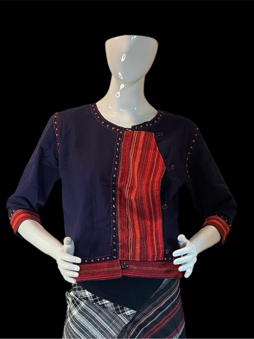 Navy Top with Red Striped Woven Accent